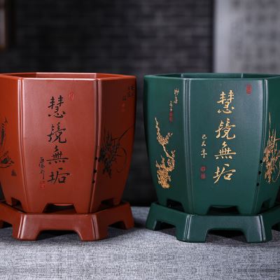 紫砂兰花盆君子兰盆家用室内桌面花盆带托盘高档六方形兰花专用盆