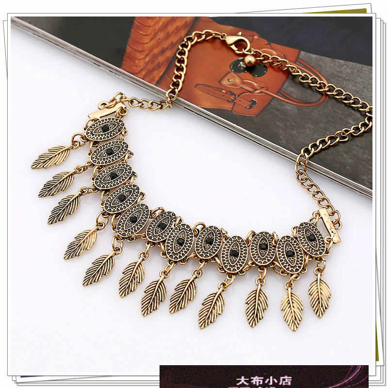 货源夸张复古个性树叶流苏镶钻颈链 服装配饰欧美厂家项链女 现货
