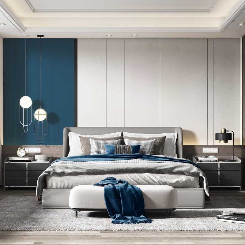 木格栅硬包背景墙l现代轻奢沙发简约卧室床头电视软包木饰面护墙