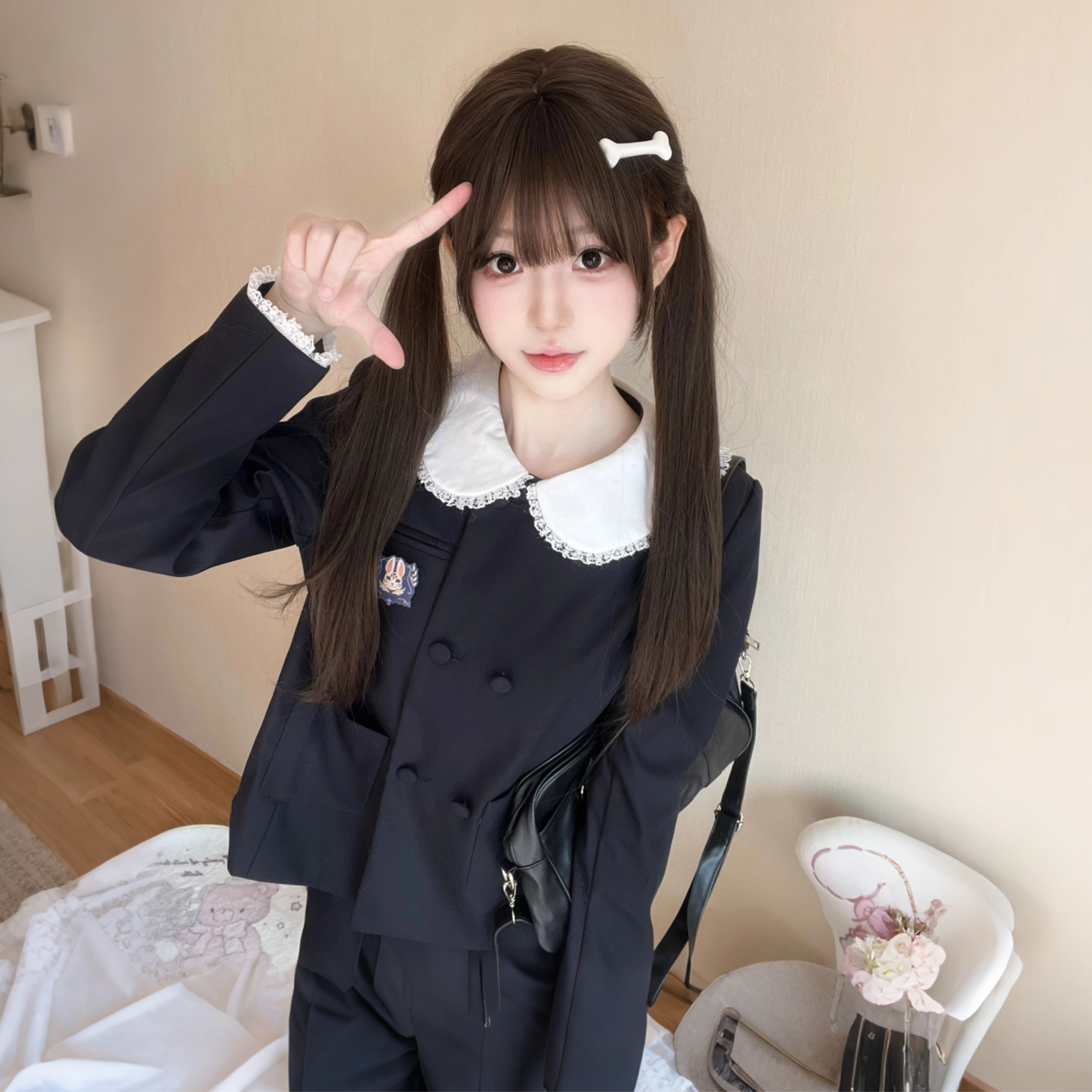 原创jk风收腰圆领双排扣西服厚款西装外套新款秋冬长袖制服套装裙