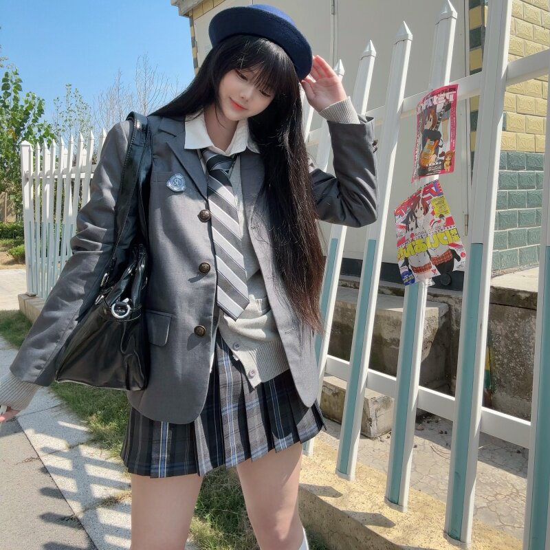 云靡 原创正统jk制服三粒扣西服英伦风学院学生灰色修身长袖外套