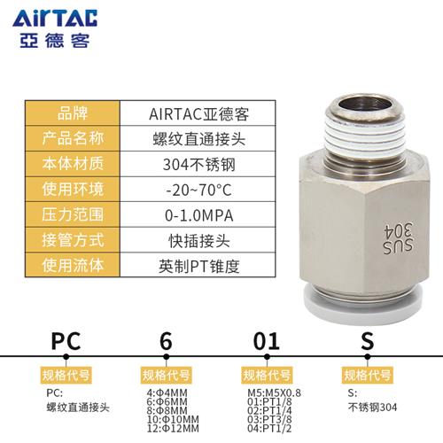 适用亚德客气动气管不锈钢螺纹直通接头PC4/6/8/10/12-M5-01-02-0