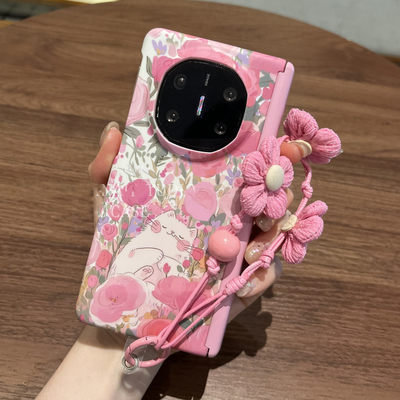 适用华为mateX6手机壳X7MateX5/x3萌系花丛猫咪oppofindn5/N3水贴硬壳vivoxfold5/3中轴保护PRO链条v5v3女款