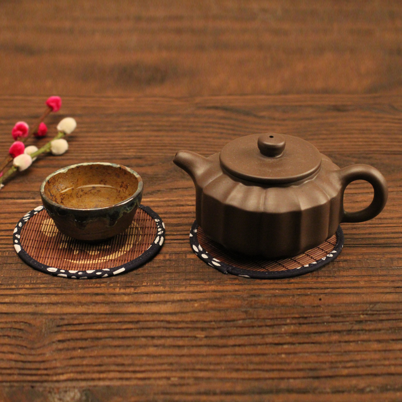 禅意蓝花布茶杯垫 青花瓷麻布茶壶垫茶托包布竹席隔热垫茶道配件