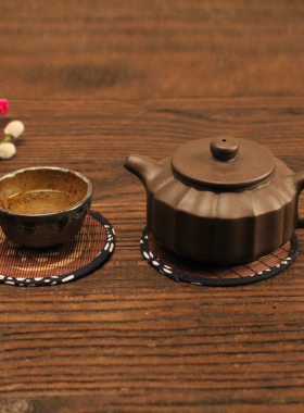 禅意蓝花布茶杯垫 青花瓷麻布茶壶垫茶托包布竹席隔热垫茶道配件