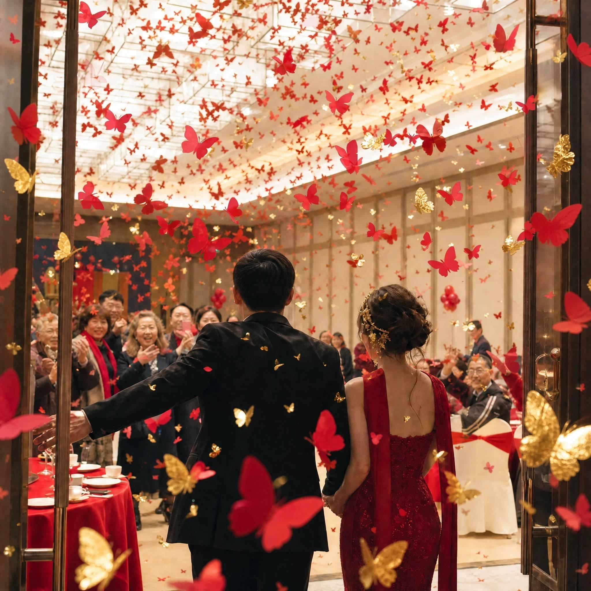 礼炮礼花结婚花瓣金红色蝴蝶礼花筒婚礼专用喷花羽毛订婚拍照道具图片