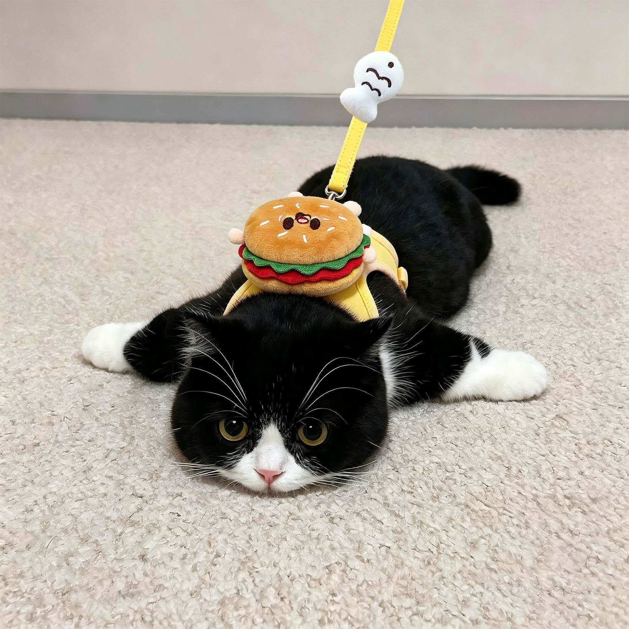 猫咪可爱汉堡胸背牵引绳可伸缩宠物狗狗外出防挣脱卡通玩偶遛猫绳