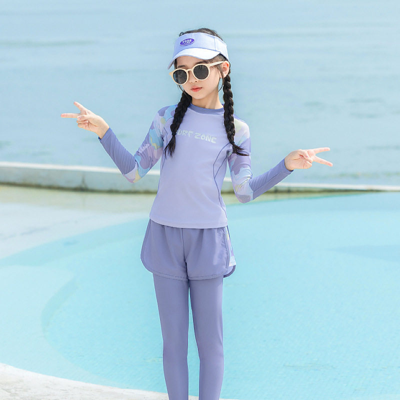 女童泳装2026年夏季儿童长袖分体游泳衣夏季速干防晒平角裤泳衣