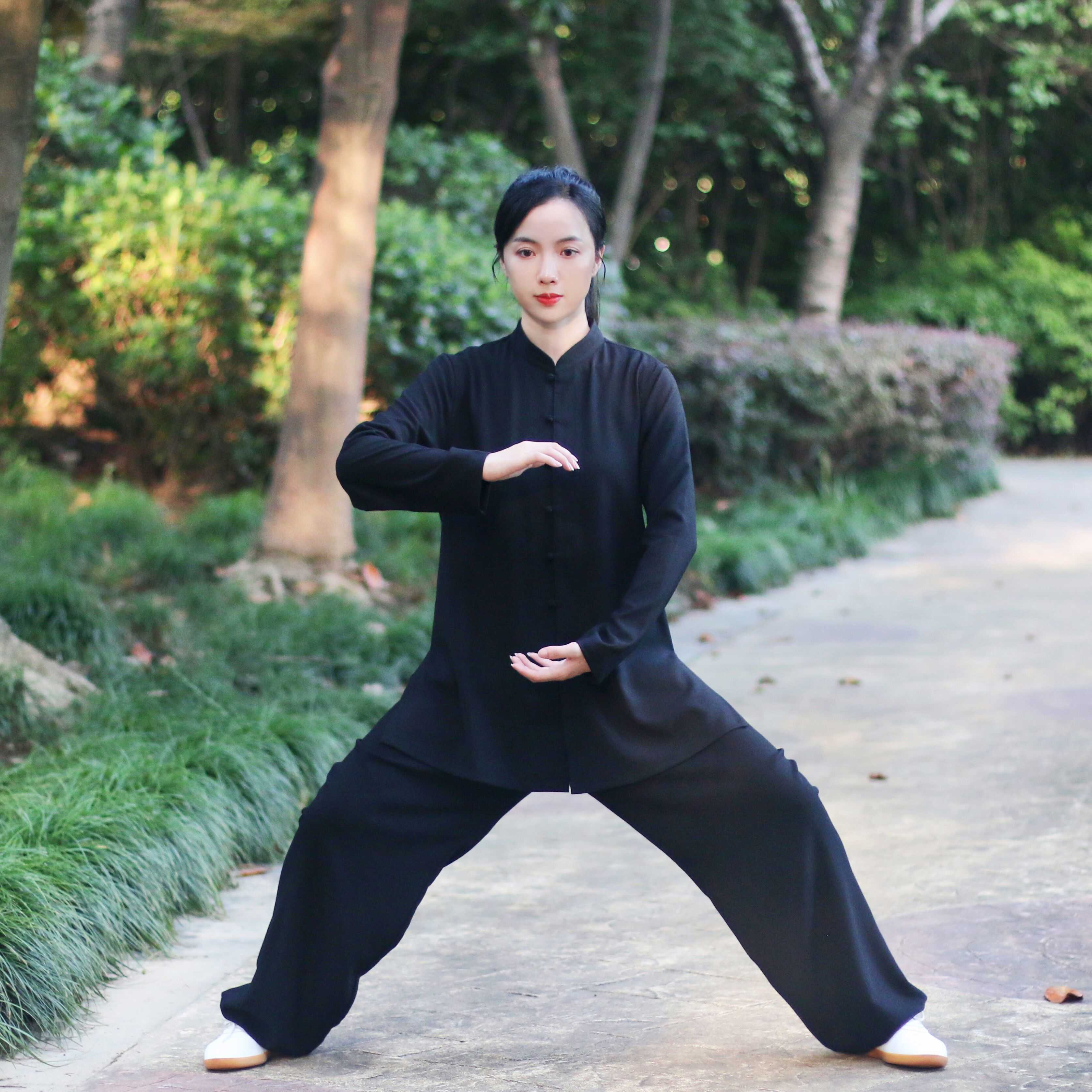 2023新款蚕丝麻立领小扣太极服男女春秋季太极服练功服武术表演服