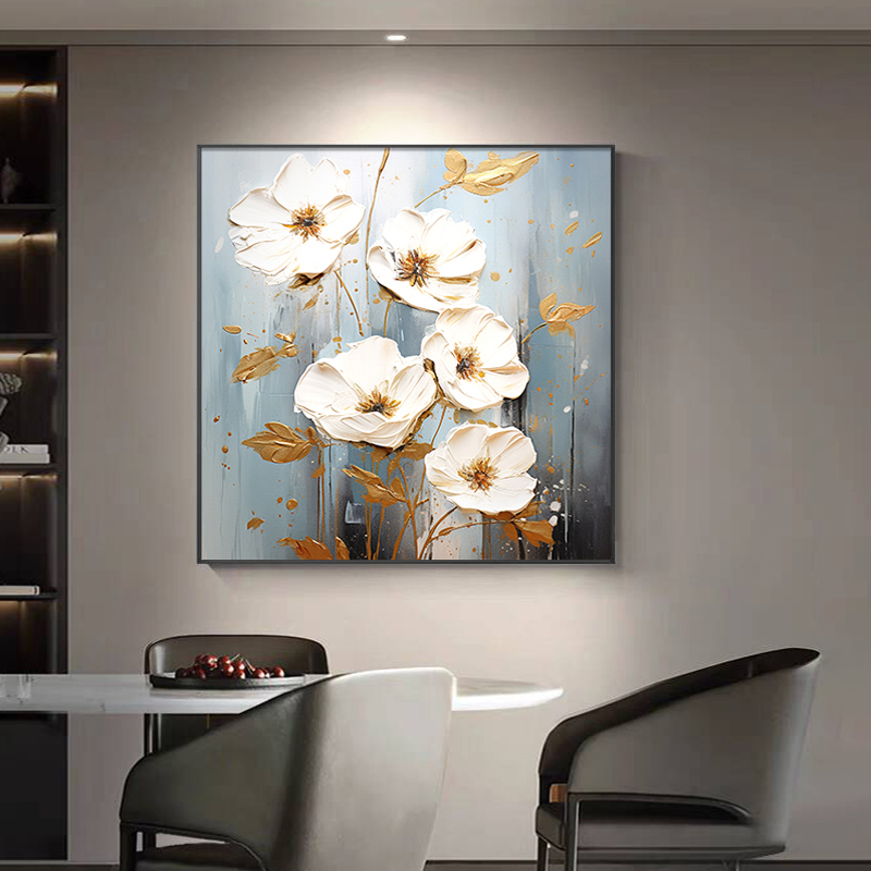 纯手绘油画方形花卉餐厅装饰画立体肌理客厅挂画抽象高档玄关壁画图片