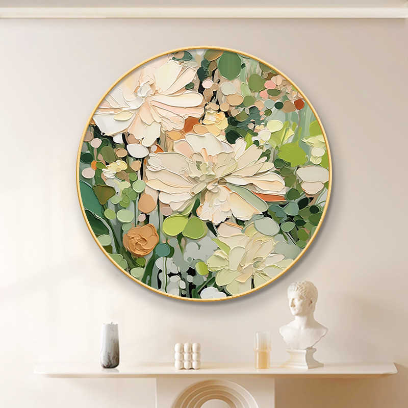 大芬油画村圆形入户玄关装饰画客厅壁画奶油风高级花卉肌理感挂画图片