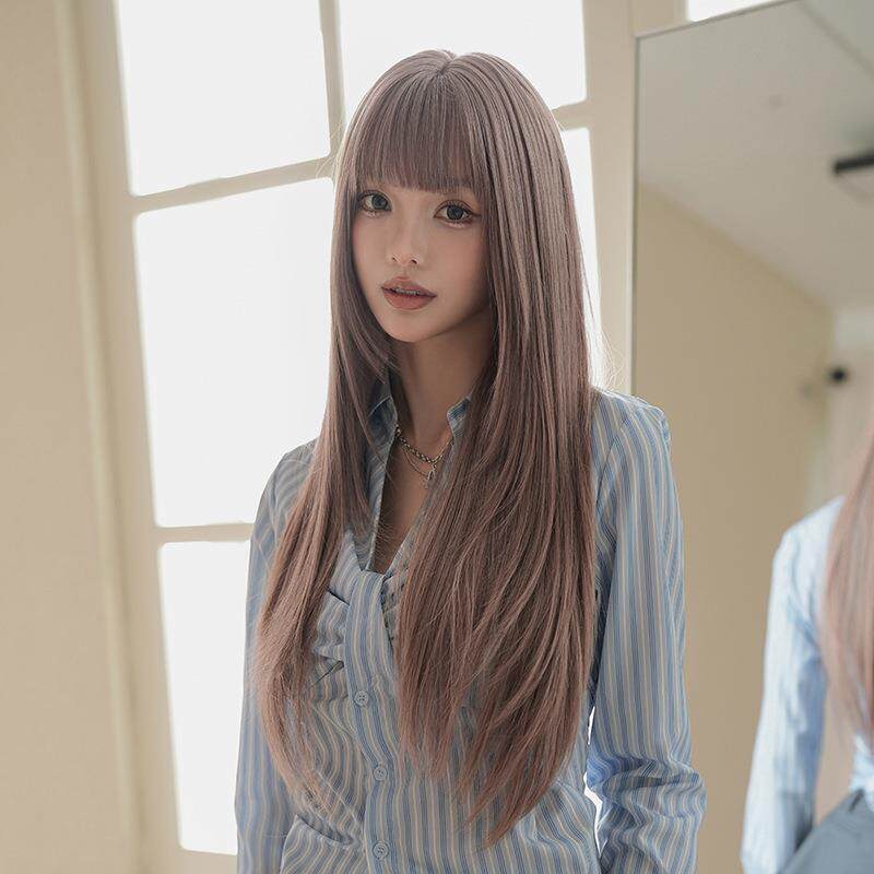 新款直销假发女长直发薄藤粉整顶头套时尚空气刘海化纤高温丝套头