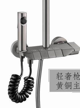 新款直销枪灰色花洒淋浴套装钢琴键黄铜体龙头浴室增压方形喷头套