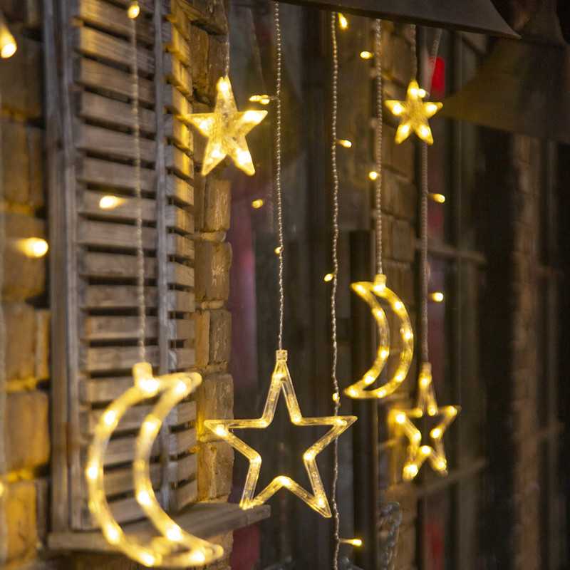 新款直销跨境遥控太阳能灯串露营天幕星月窗帘户外庭院防水圣诞装