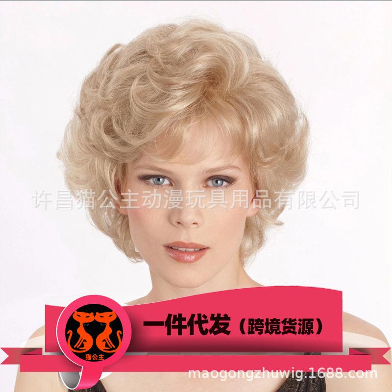新款直销跨境货源 欧美假发女时尚短卷发小卷金色爆炸头发套