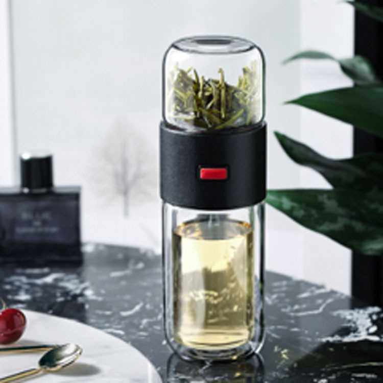 新款直销三段结构茶水分离泡茶杯车载双层玻璃杯过滤网水杯茶漏便