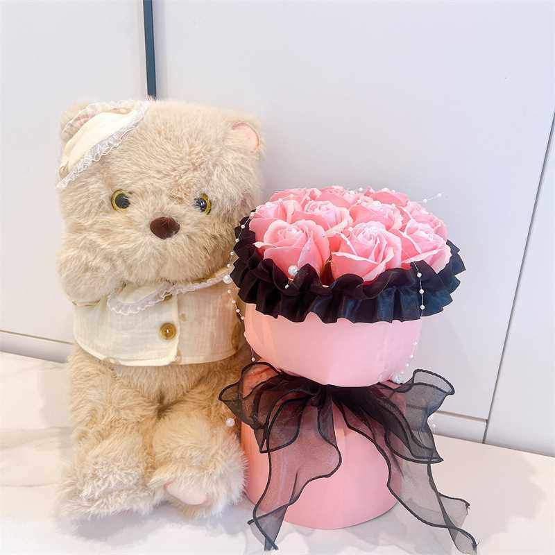 新款直销晚安熊玩偶花束情人节圣诞节送女友生日礼物玫瑰香皂花抱