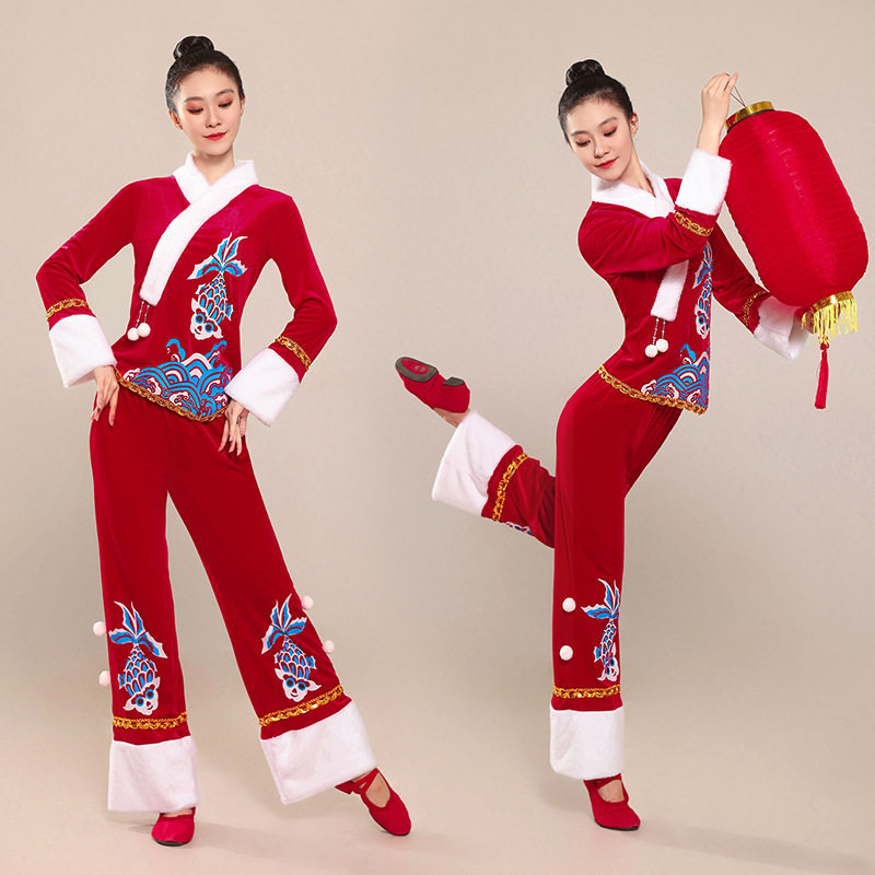 新款喜庆金丝绒秧歌服民族舞蹈元旦表演扇子舞广场舞演出服装女士