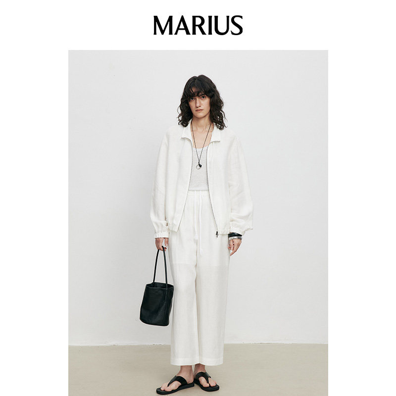 MARIUS"Emate通勤系列"大芭乐水洗亚蔴翻领夹克短外套/九分休闲裤