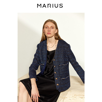 MARIUS霓虹灯纯手工编织粗花呢花边V领小香外套上衣