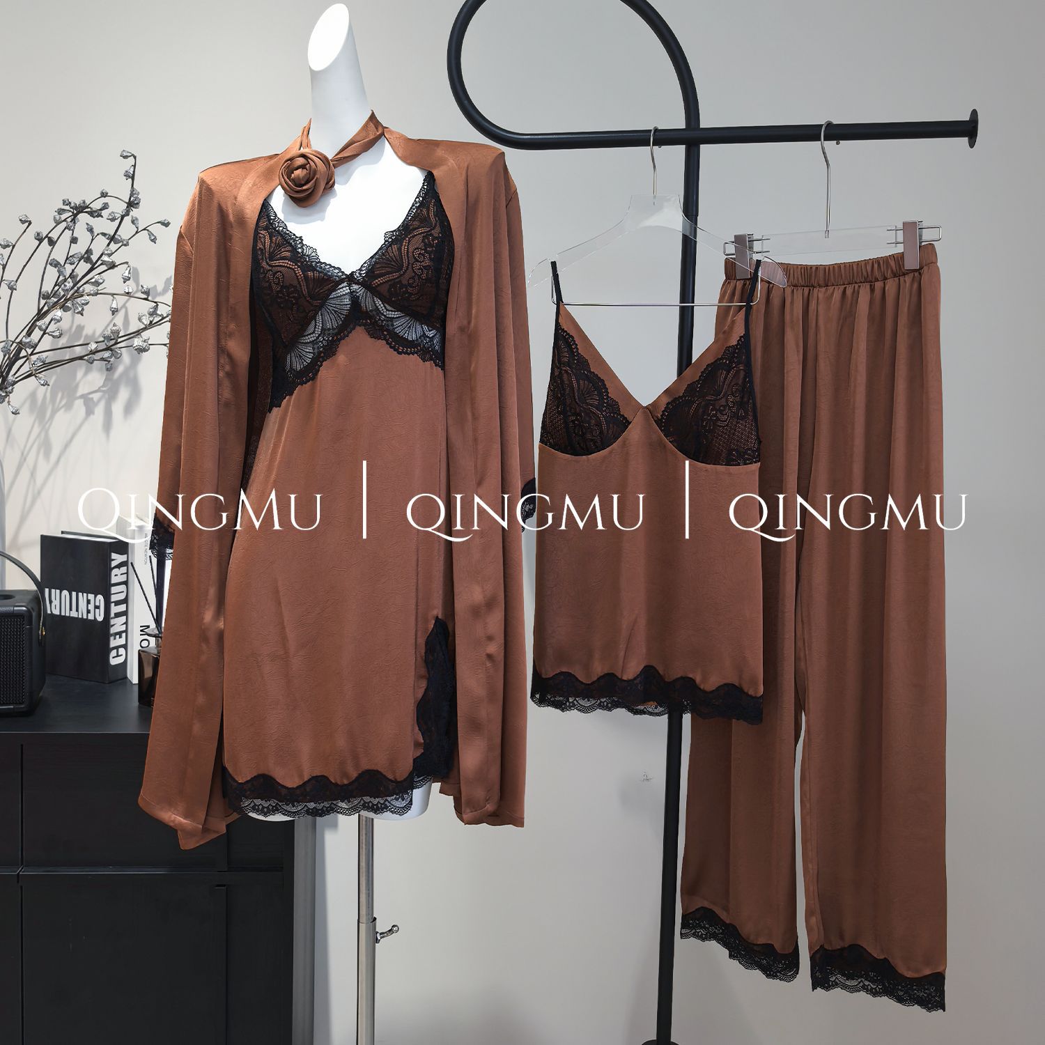 缎面冰丝绸带胸垫长袖女夏居家