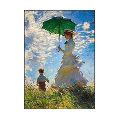 WET-2937手绘油画莫奈肌名画撑阳伞装的女关子玄饰画客厅沙发背景