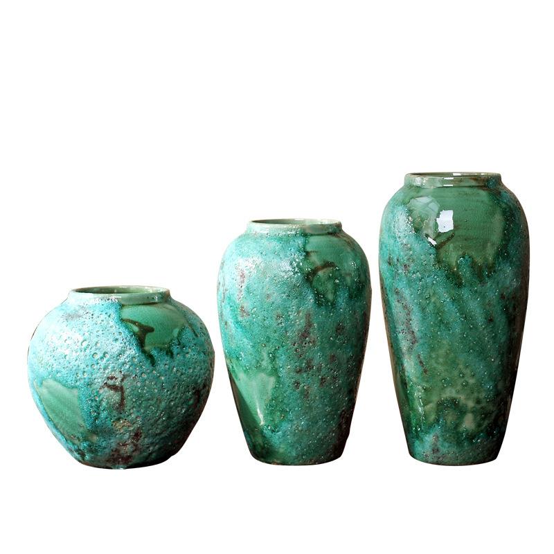 新中式浅绿简约粗陶花器装饰品景德镇软装创意陶瓷花瓶工艺品摆设