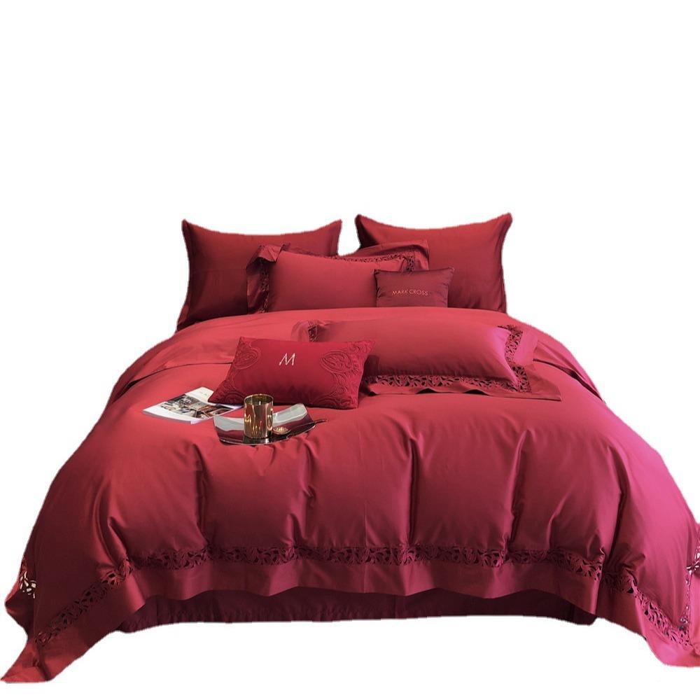 轻奢色婚庆四件套全CML棉长绒棉结套纯大酒红色婚被床单床品