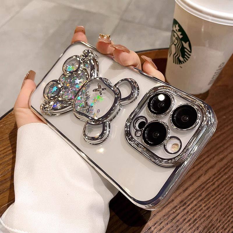 创意立体流沙熊适用苹果16promax手机壳15电镀透明闪粉14带镜头膜,个性定制/设计服务/DIY,手机壳/保护套定制,淘宝优惠券,粉丝福利购,淘宝优惠卷