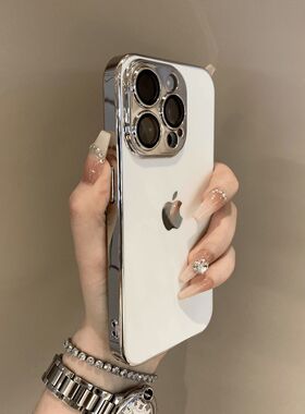 高级感黑色纳米彩度PC电镀简约苹果15皮质手机壳14/13/12/11小众