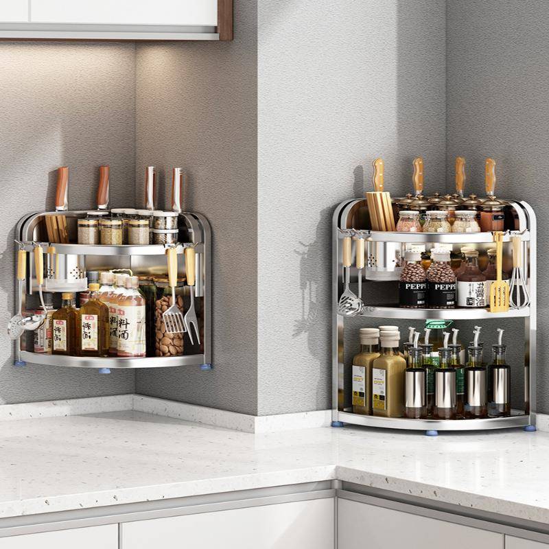 304不锈钢厨房调料置物架台面多层墙转角三脚调味品收纳架子筷筒