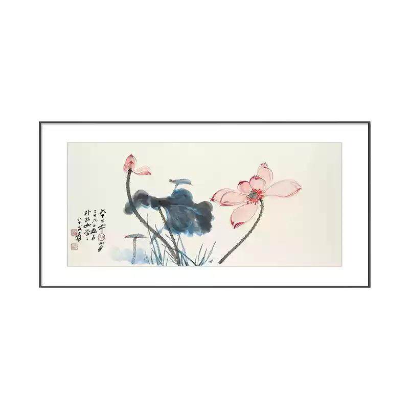 张大千荷花挂画新中式横幅客厅装饰画禅意沙发背景墙壁画茶室墙画