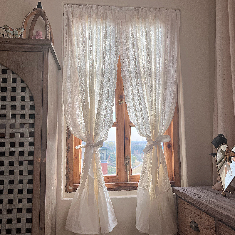 法式甜美b奶油风层次木耳褶窗帘半帘穿杆挂钩免打孔门帘粘贴魔术