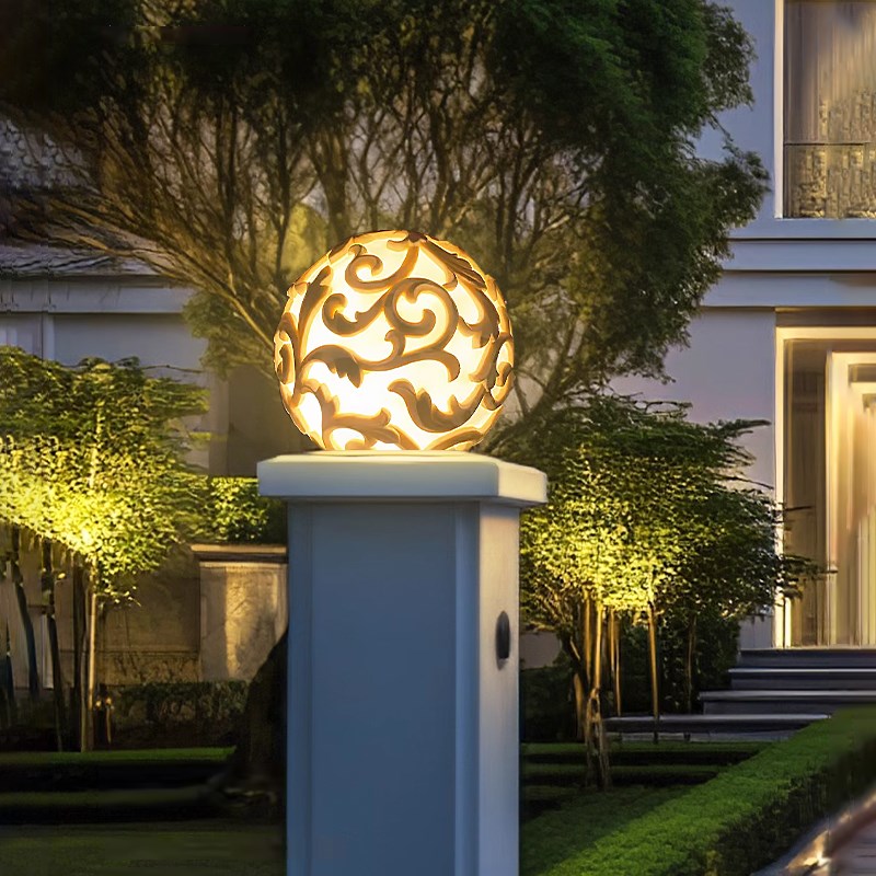 户外太阳能柱头灯l别墅庭院大门雕刻圆形灯花园围墙镂空防水围栏