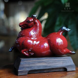 陶瓷马踏飞燕结晶红釉瓷马古典唐代风格瓷马家居酒店办公招财摆件