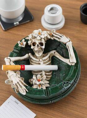 海外独特的花朵装饰骷髅树脂烟灰缸家居办公桌面装饰氛围摆件