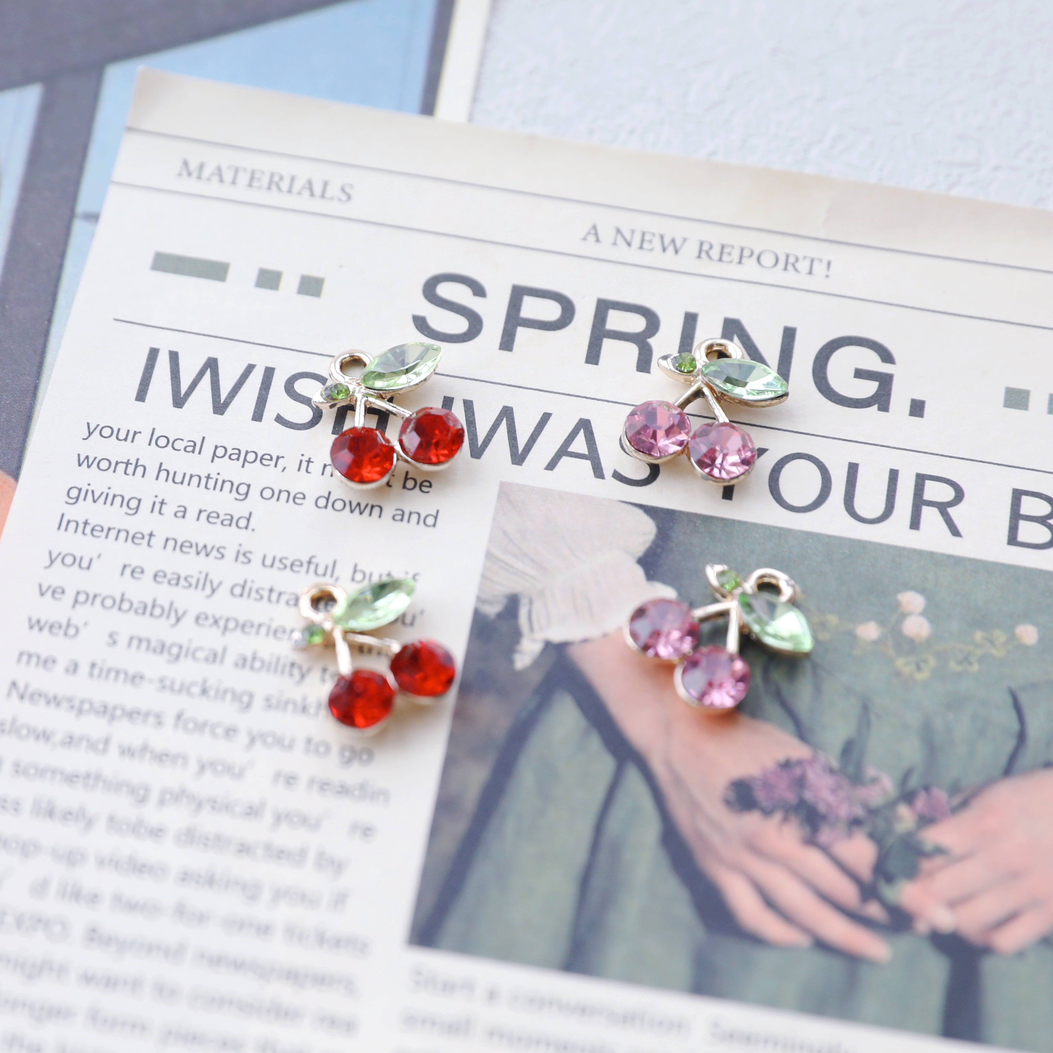 红色韩系可爱小樱桃diy耳环水钻