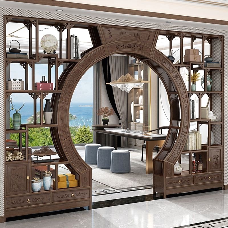 中式实木月洞门博古架多宝阁弧形圆门月亮门客厅隔断菠萝格木家具