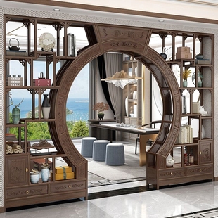 中式实木月洞门博古架多宝阁弧形圆门月亮门客厅隔断菠萝格木家具