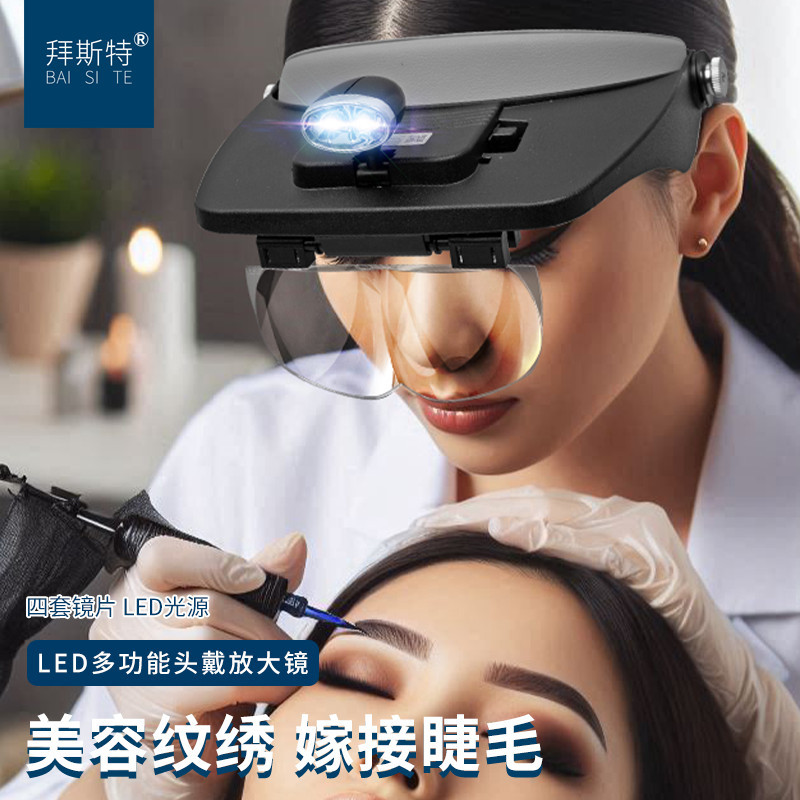 拜斯特拔倒睫毛放大镜高清正老人专用阅读用带灯看书用眼镜头戴