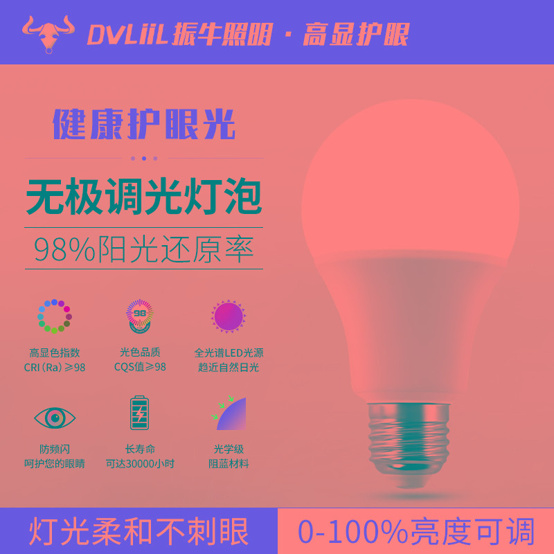 led护眼灯泡儿童家用学习全光谱智能调光e27螺口高显色极节能灯