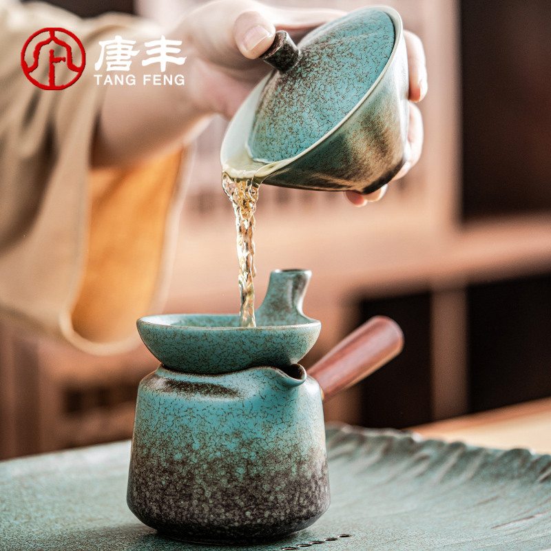 唐丰斗笠绿色三才盖碗茶杯单个茶碗带盖茶具泡茶杯高端高档盖杯