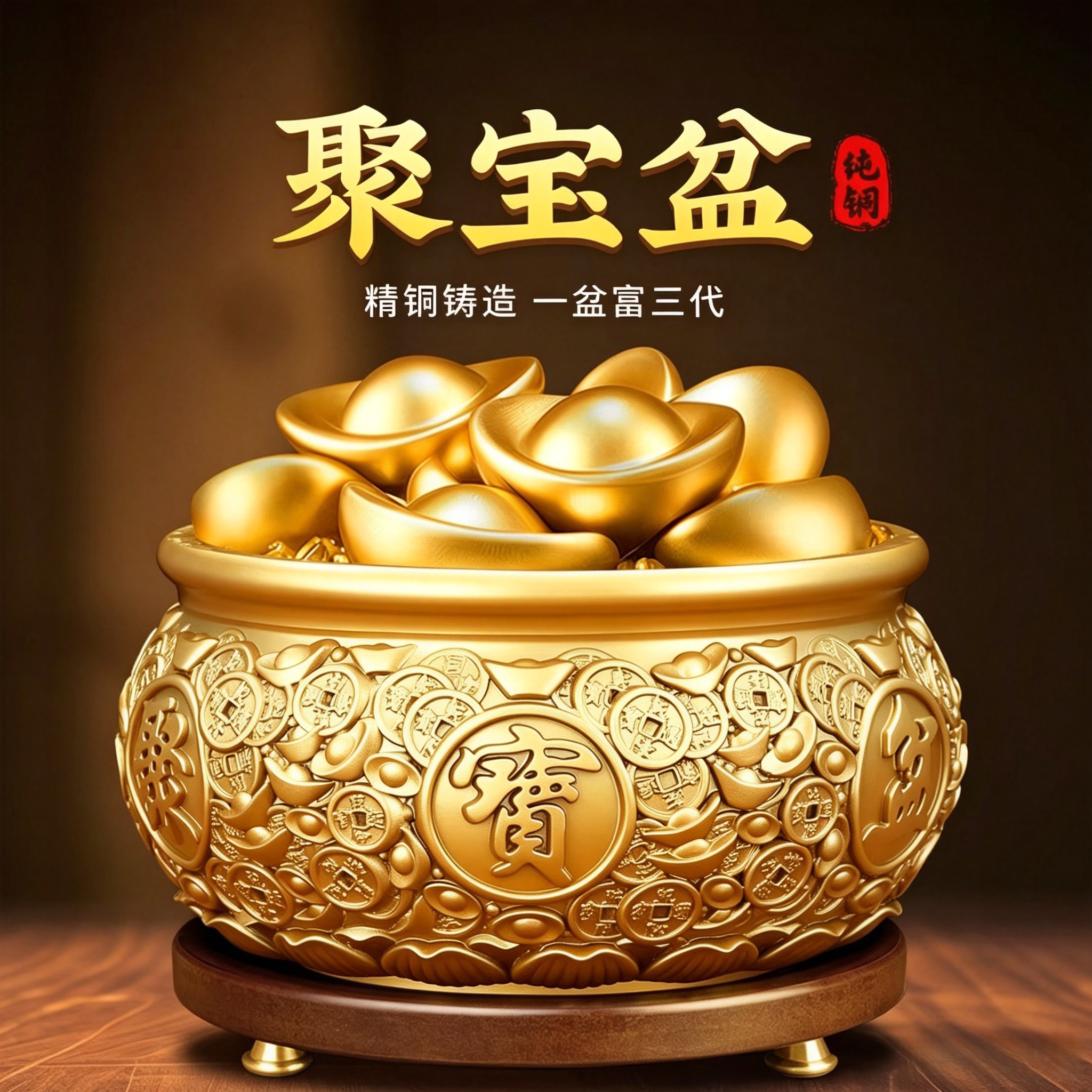 纯铜聚宝盆摆件实心招财聚财客厅装饰摆件