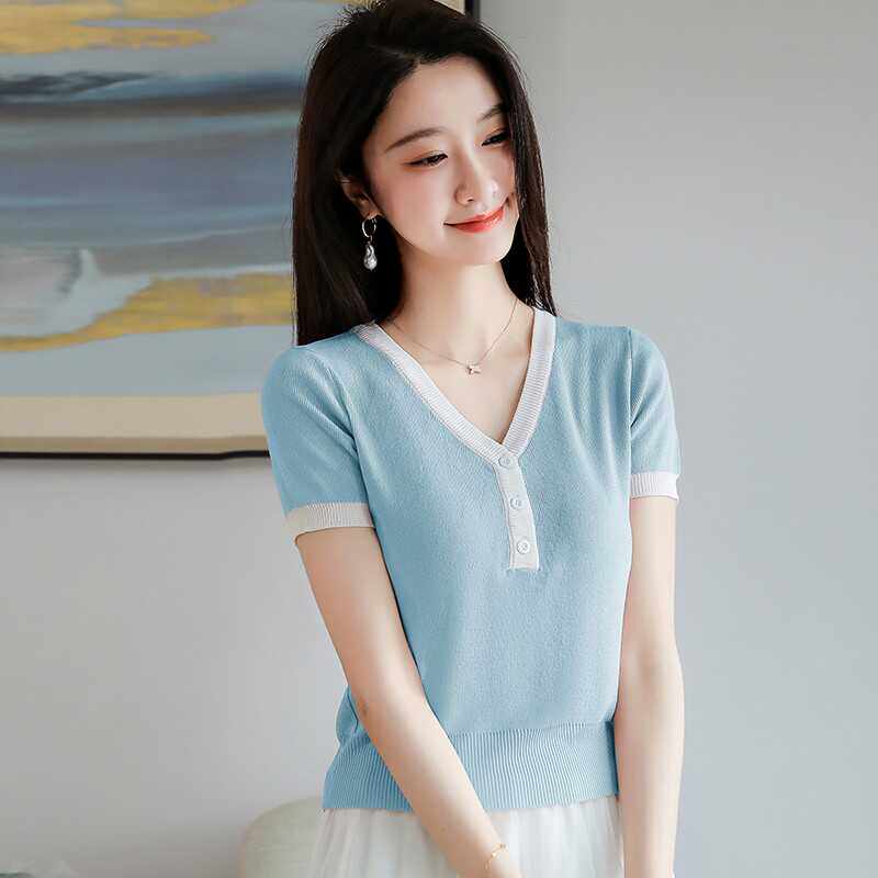 韩国v领短袖t恤女夏修身薄款冰丝针织衫小个子短款配半身裙的上衣