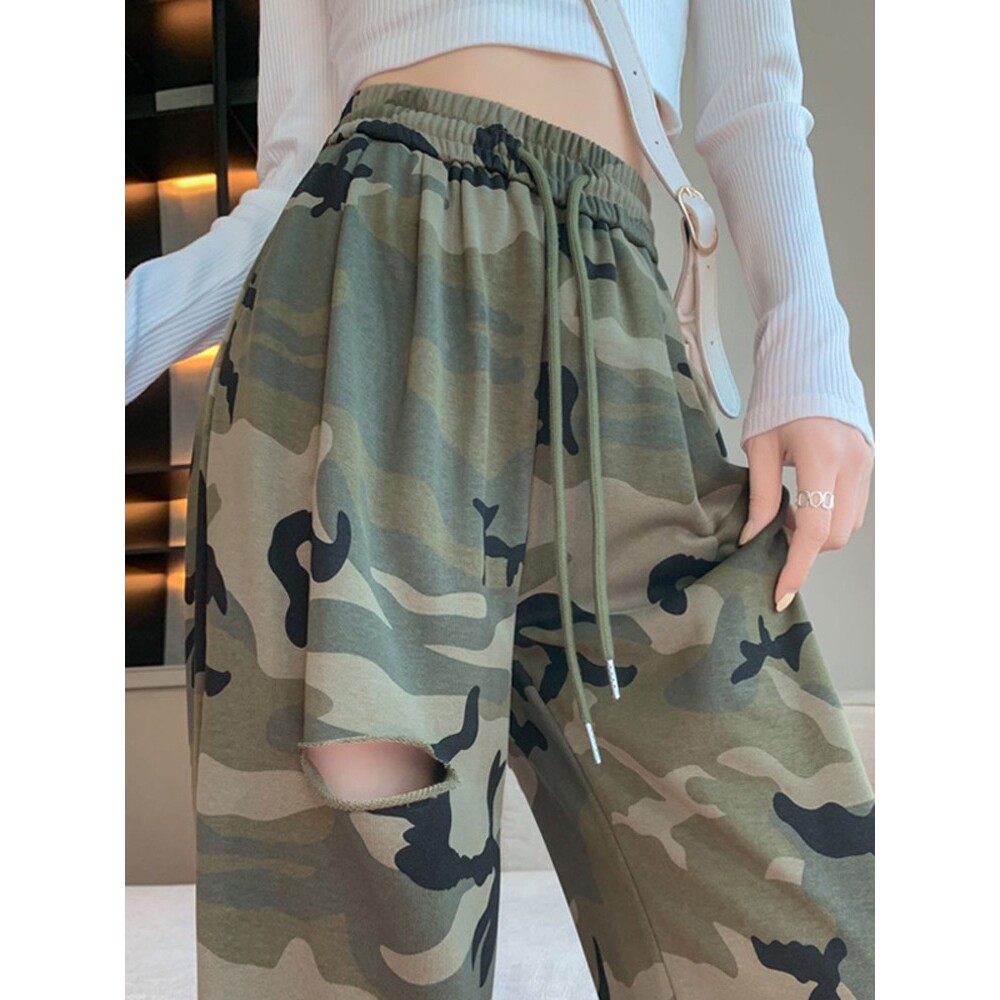 美式高街工装迷彩裤女夏高腰垂感休闲破洞运动裤直筒宽松阔腿裤
