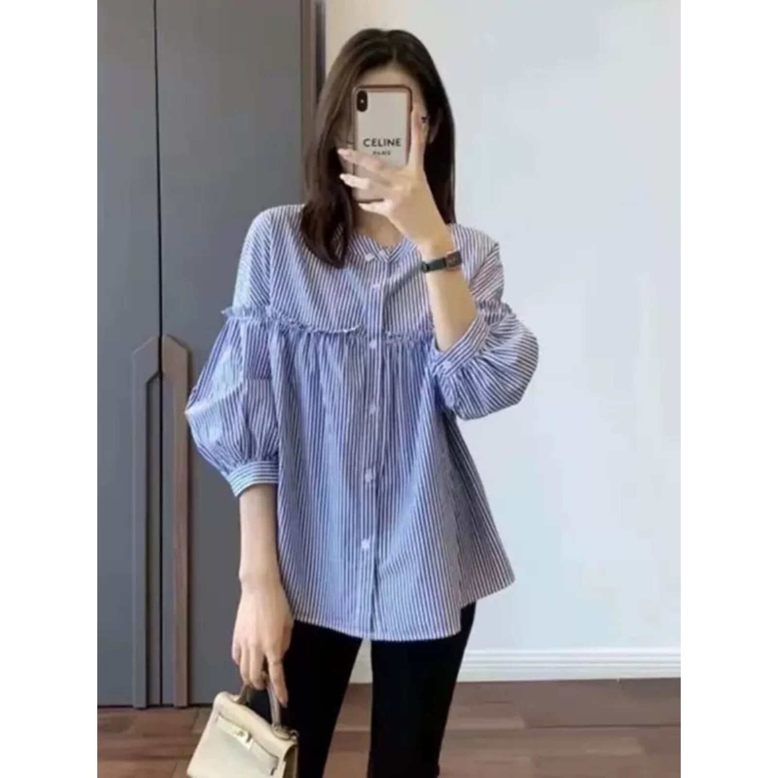 欧洲站蓝色条纹衬衫女高级感轻奢时尚设计感夏季百搭木耳边娃娃衫