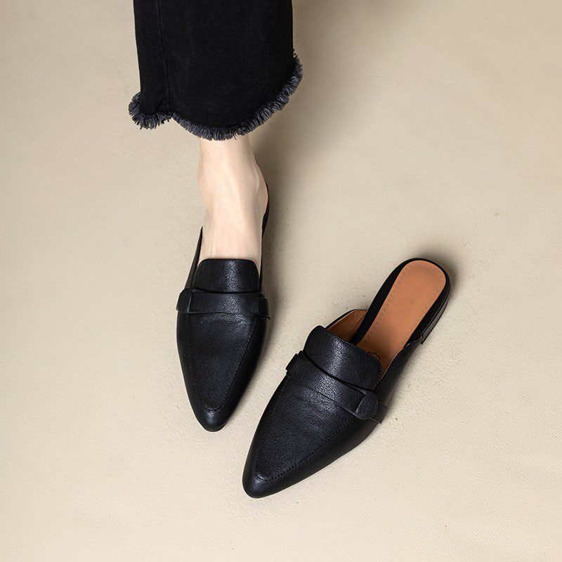 真皮尖头半拖鞋女夏季外穿2024新款网红中跟百搭软皮包头粗跟凉鞋