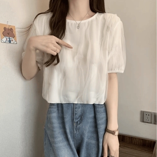 短款 時尚 短袖 上衣2024年夏季 寬松雪紡顯瘦 t恤女泡泡袖 胖妹妹大碼