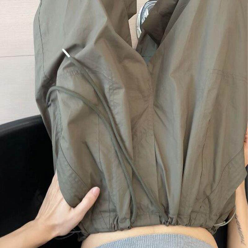 韩国军绿色工装裤女夏天薄款2025新款高腰小个子美式复古运动裤子