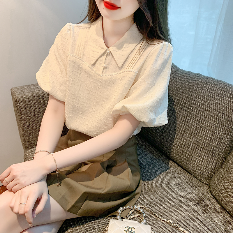 香港TIMO法式短袖雪纺衬衫女夏装2025泡泡袖小衫设计感肌理感上衣